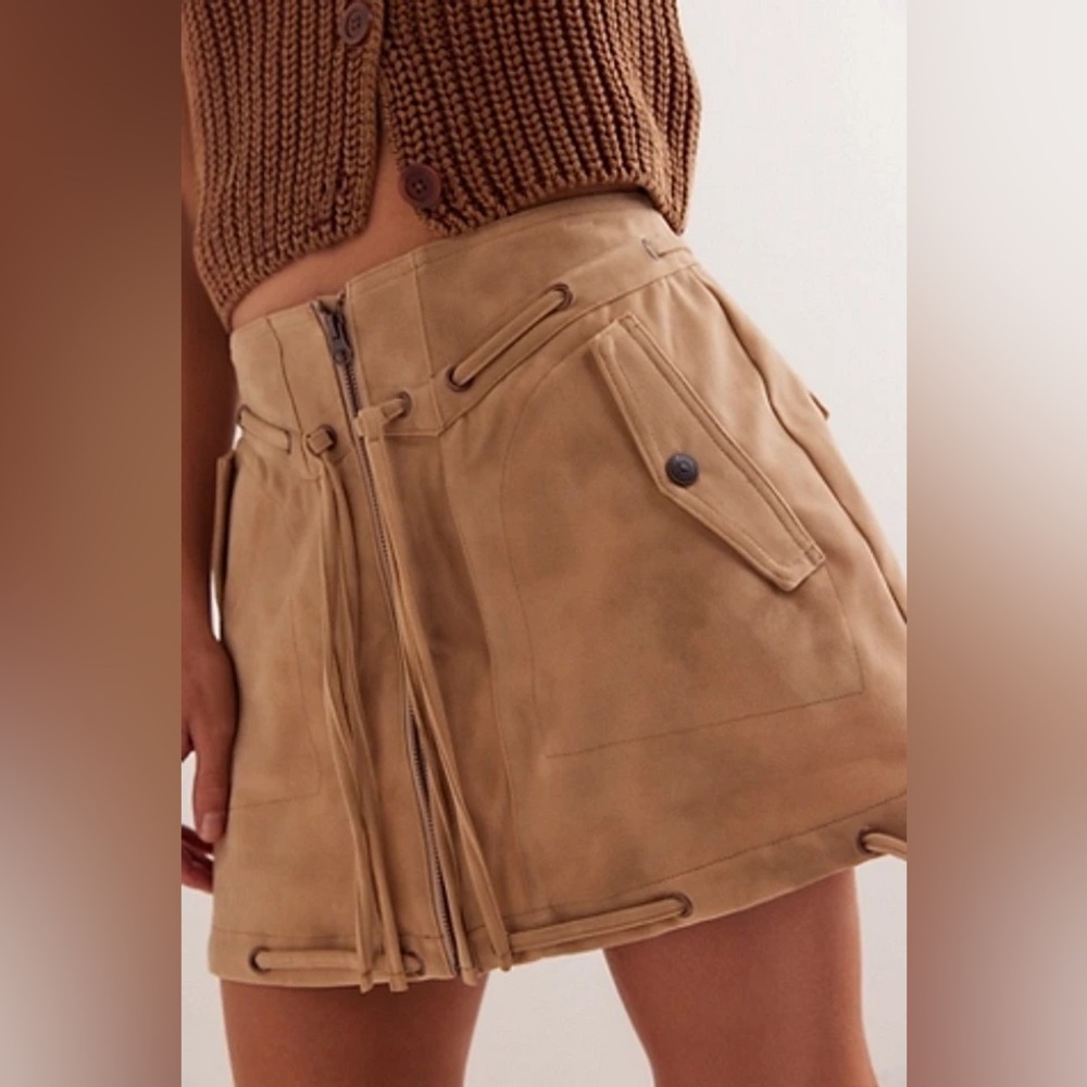 Free People Sierra Mini Skirt Women 10 Beige Suede Country Western Boho Festival